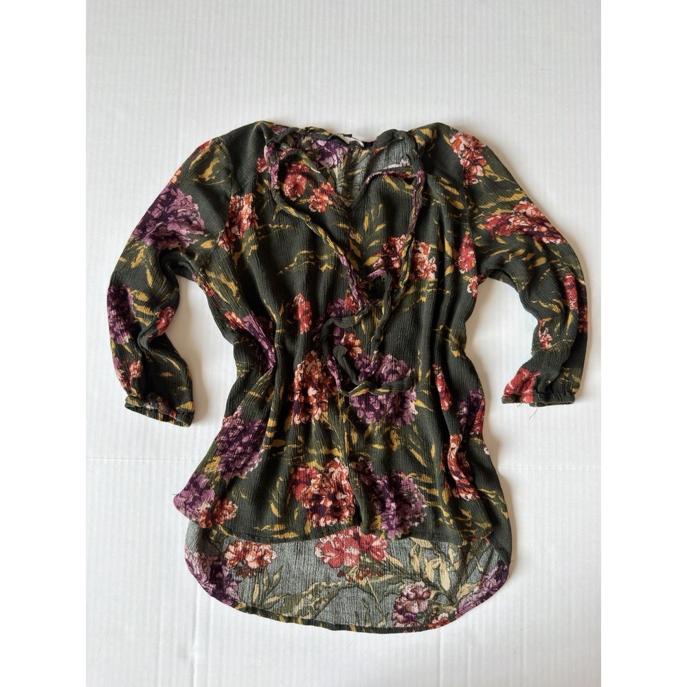 Staccato Floral Blouse Olive Green Purple 3/4 Sleeve Tie Neck Top Small